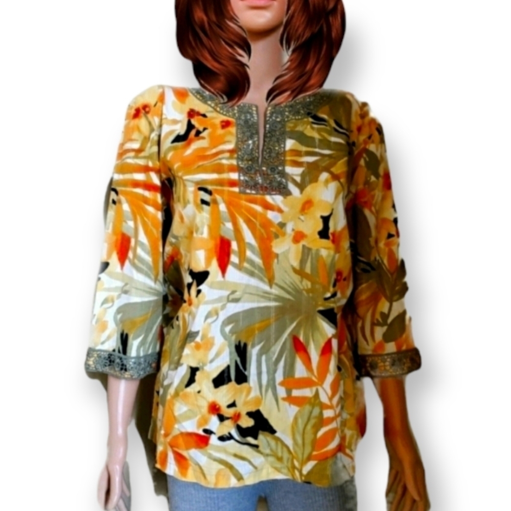 Alfred Dunner yellow Floral Blouse 50 Percent Of All Bundles Of 3 Or More!
